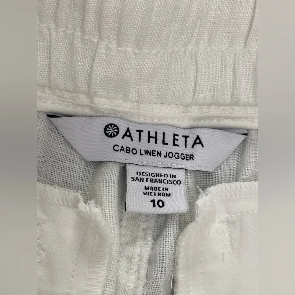 Athleta White Linen 100% Drawstring Cabo Joggers with Zip Pockets Size 10